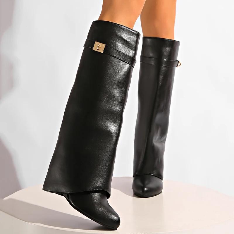 Fashion Black Pu Leather Knee High Boots Women Sexy Pointed Toe Straight Leg Boots Woman Punk Style Wedge High Heels Long Botas Mujer