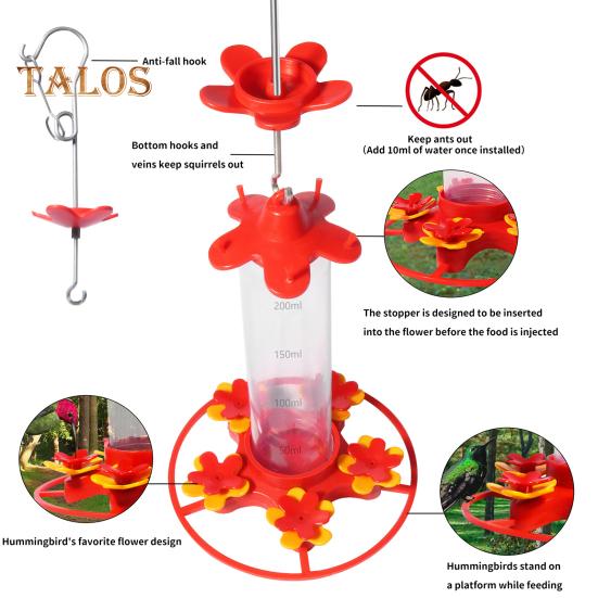 Açık Hava İçin Sinek Kuşu Besleyici Asılı Sızdırmaz Plastik Kuş Besleyici 5 Çiçek Besleme Portu ve Dış Bahçe Dekoru İçin Karınca Hendeği