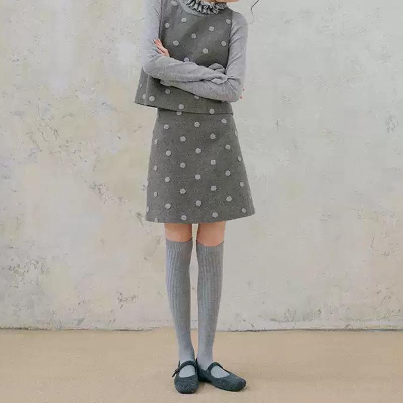 2026 Spring Chic Korean Style Grey Polka Dot Set: Top, Skirt, & Dress S