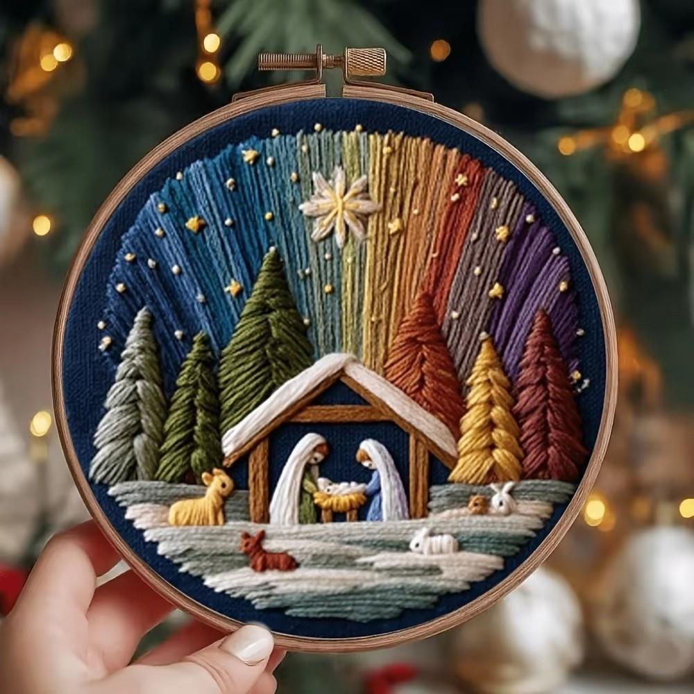 DIY Material Nativity Embroidery Set Pre-printed Pattern on Cloth with EN Instructions, Thread Christmas Embroidery Kit
