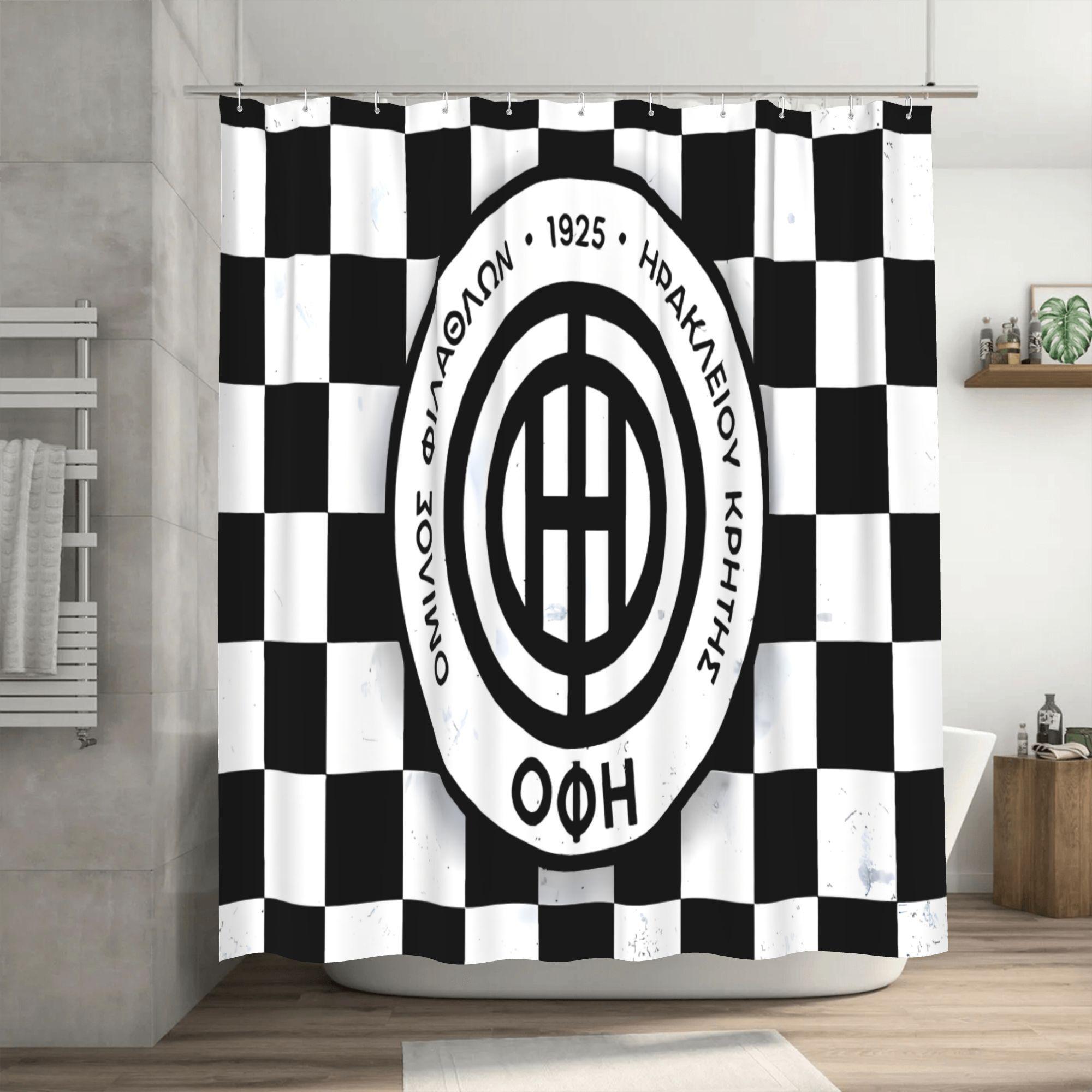 

OFI Creta FC Shower Curtain with Hooks - Black and White Checkered Design, Machine Washable Polyester, Perfect for Bathroom Deco 90x180cm
