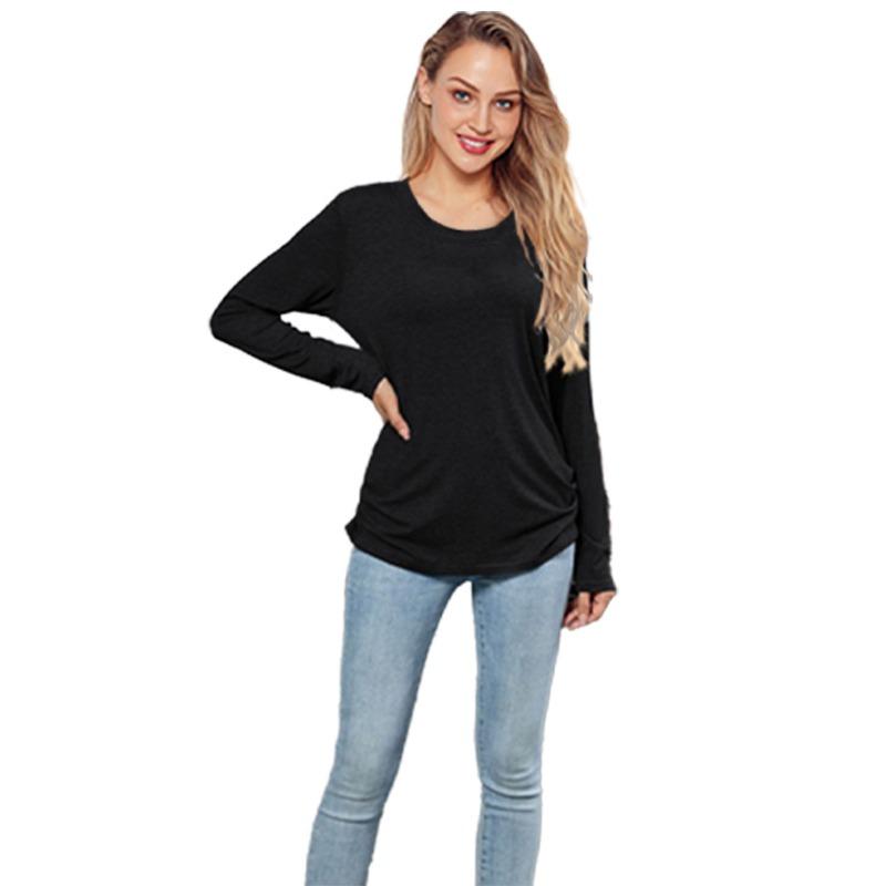 IHUASU Women's Fashion Casual Solid Color Print Long Sleeve O Neck Blouses & Shirts