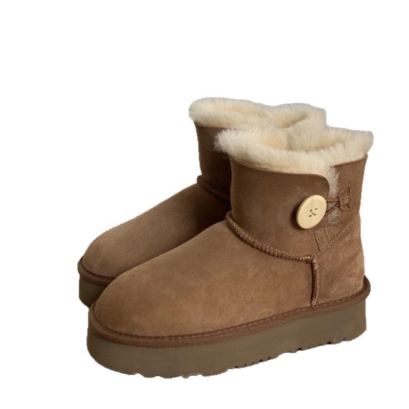Winter new fur integrated wooden buckle short tube thick-soled warm cotton shoes women's one-buckle wool snow boots
