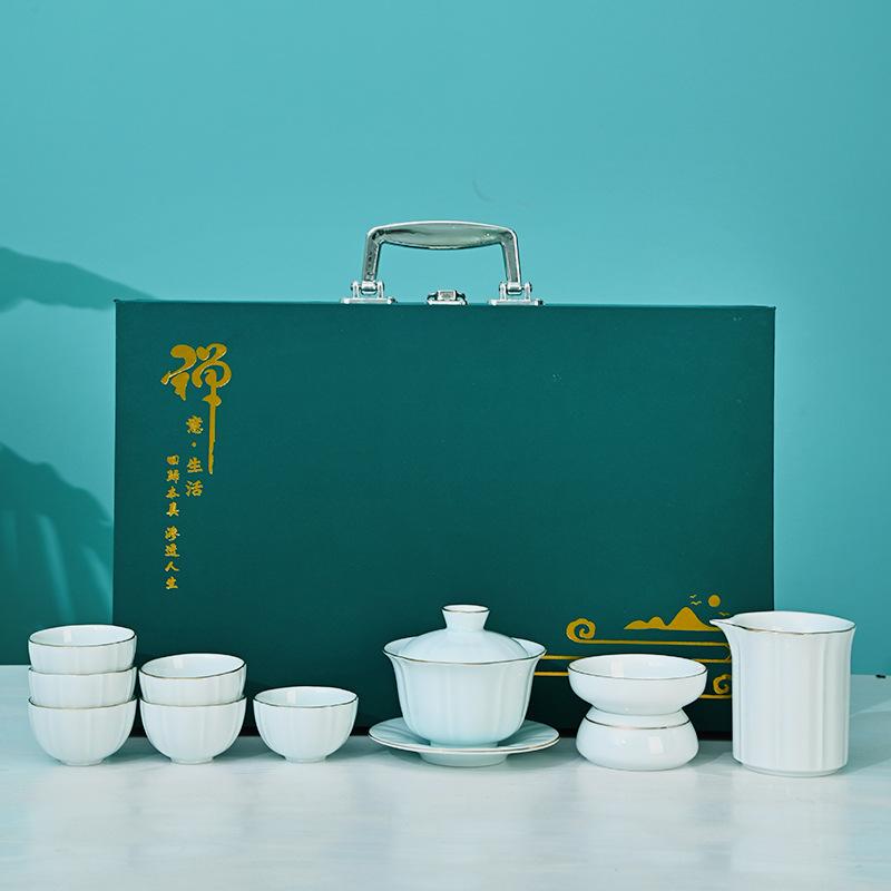 Dehua Suet Jade Porcelain Kung Fu Tea Set Gift Box, Thousands of Miles of Jiangshan, the Whole Set of Activities Accompanied by Hand Gifts