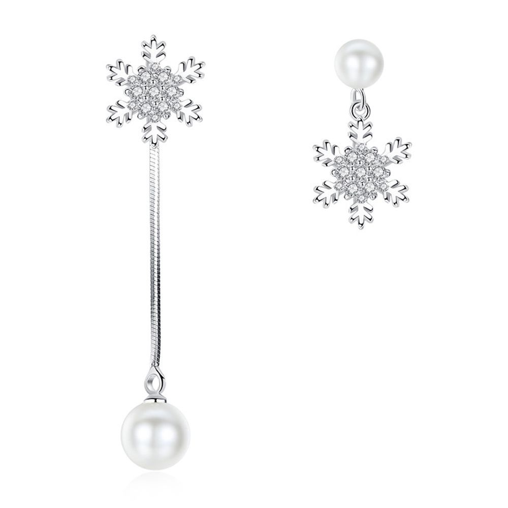 Unbalanced Aaa Grade Snowflake Shell Pearl Snow White Silver Needle Earring