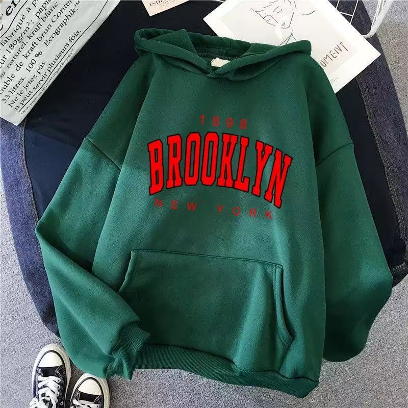 Women Hoodie Brooklyn Letter Print Fleece Lined Thick Oversized Loose Mid-Length Pullover Hooded Sweatshirt Korean Lazy Style Autumn Winter Casual Top