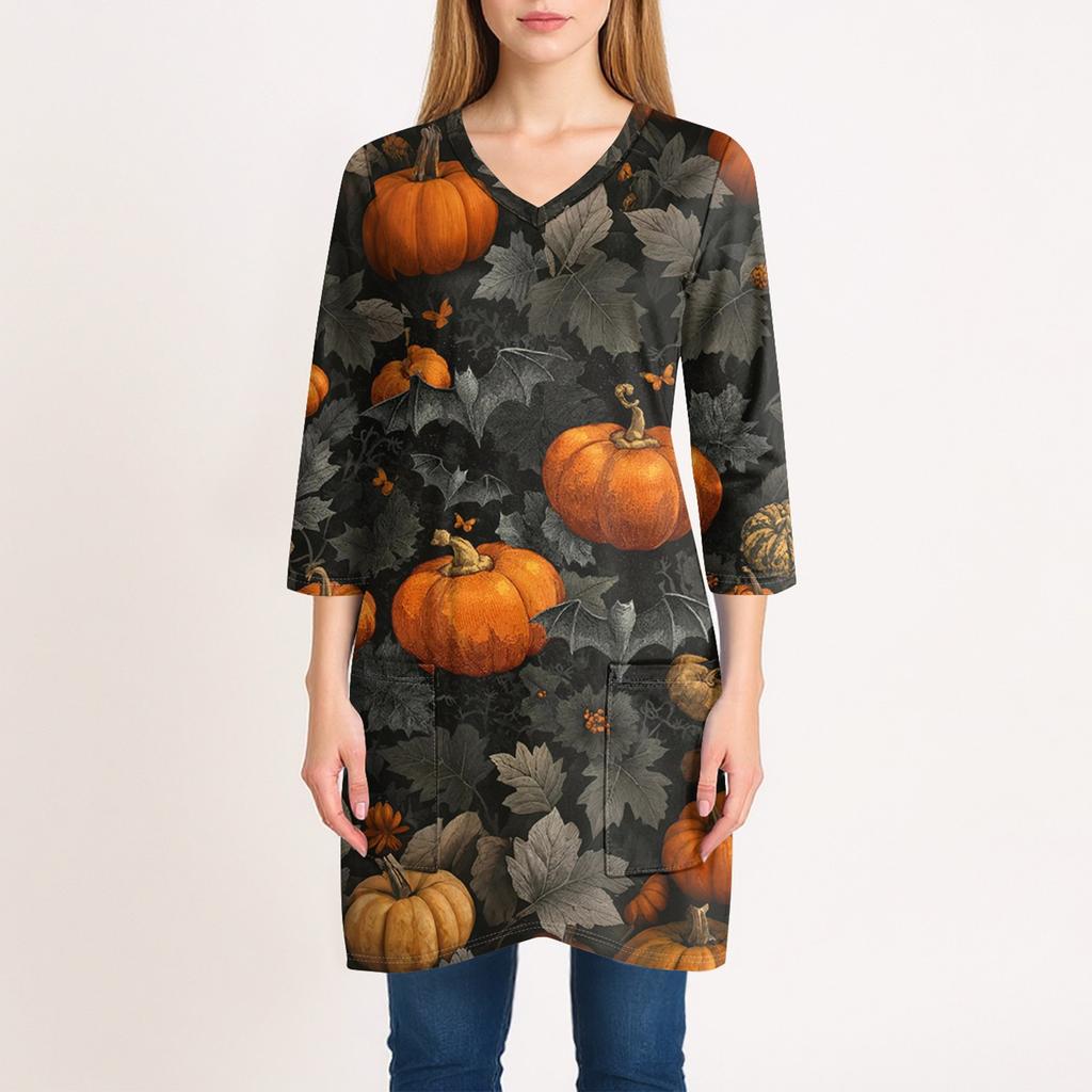 Womens's Fashion Casual Halloween Print V-neck Mid Length Pocket 3/4 Sleeve Top
