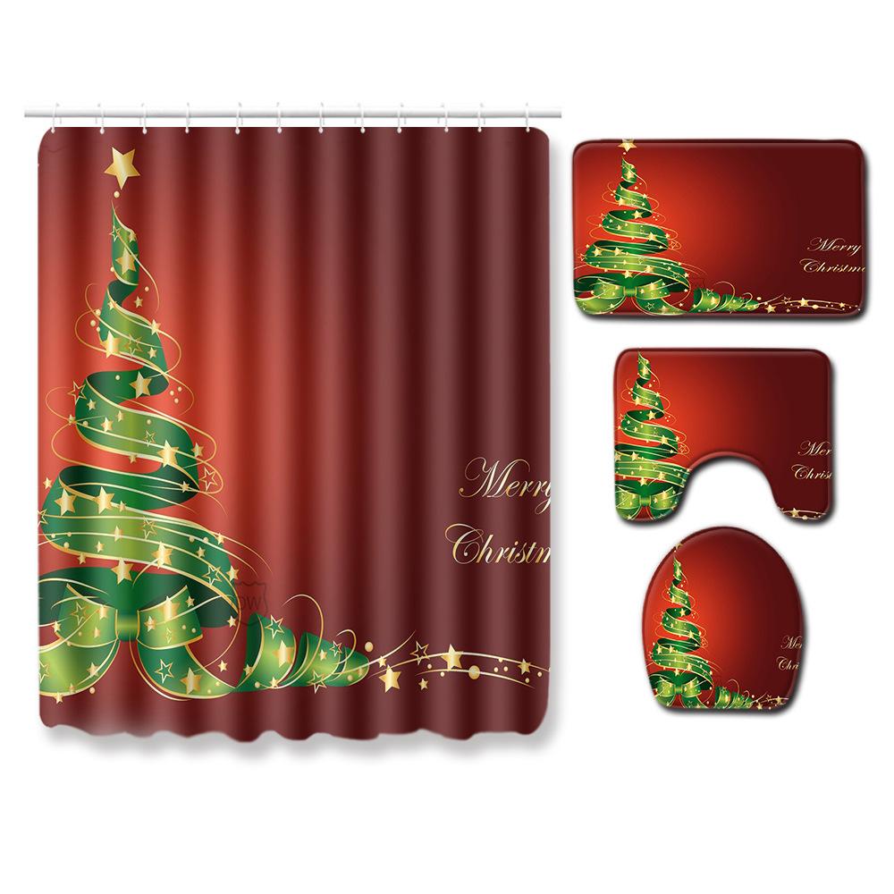 Christmas Waterproof Shower Curtain Four-Piece Combination Floor Mat Entrance Door Mat Bedroom Living Room Carpet