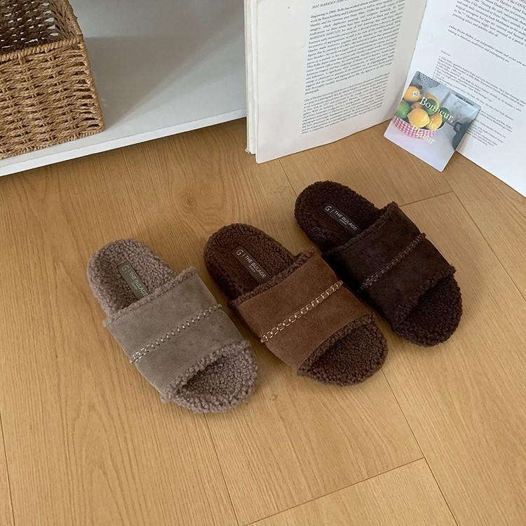 Soft-soled Fluffy Slippers Women's Outer Wear 2025 New Autumn and Winter Fashion Plush Cotton Drag Net Red Fluffy Shoes Tide