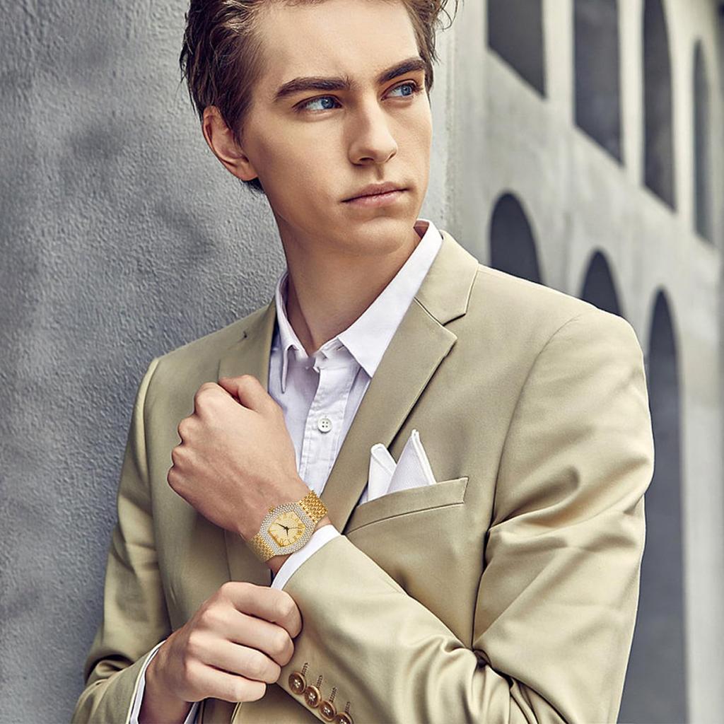 Herren-Gold-Analoguhr mit römischen Ziffern und wasserdichtem, funkelndem Edelstahlarmband für Freizeit und Business - Perfektes Geschenk für den Vater