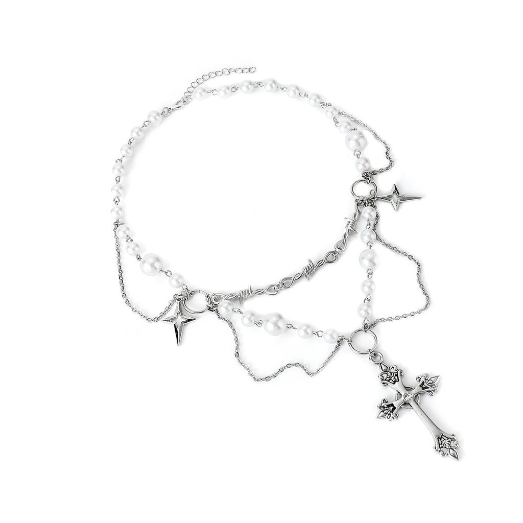 Niche High-end Design Double-layer Highlight Pearl Cross Star Cross Necklace Female Versatile