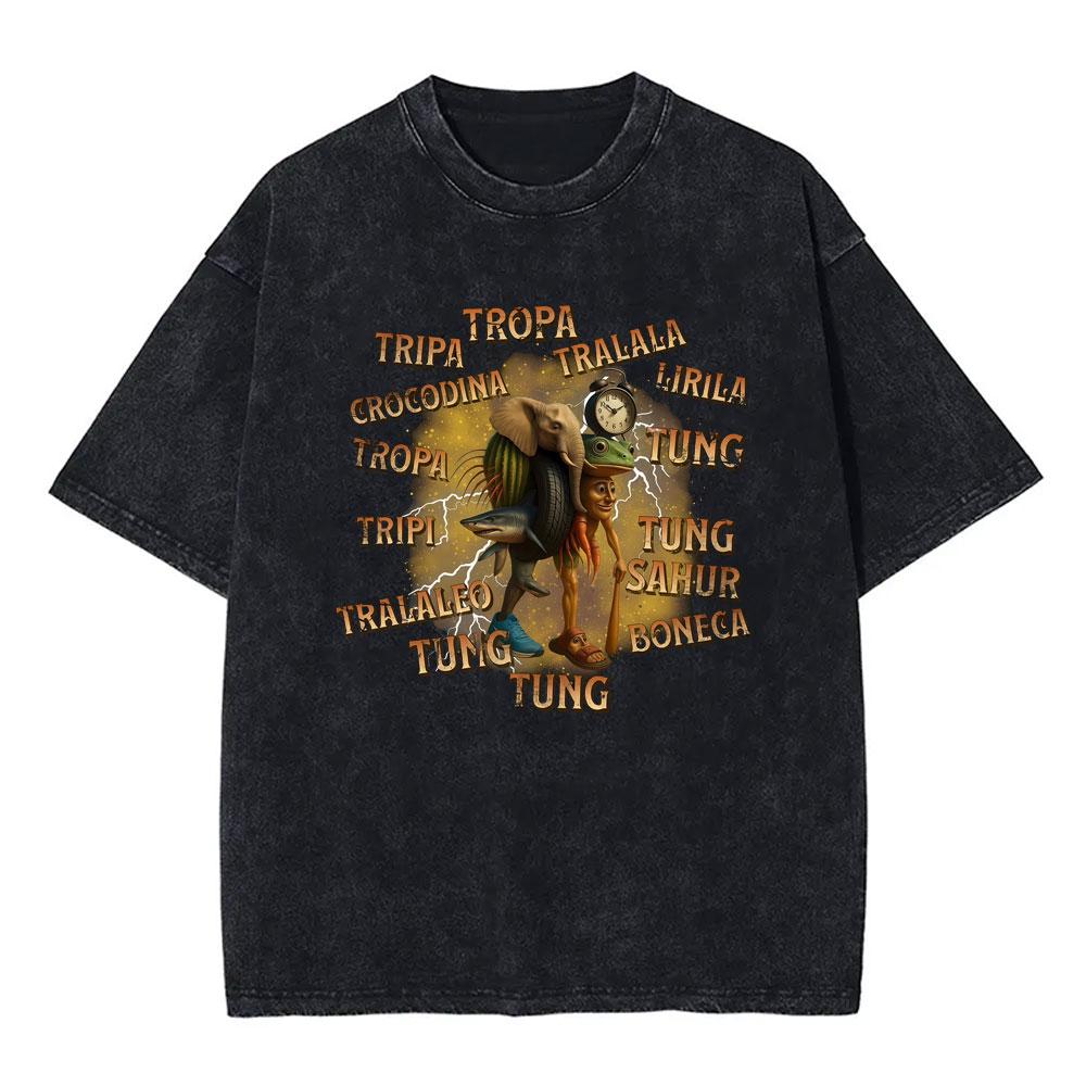 Italian Brainrot Bombardiro Crocodilo Vintage Washed Tshirts Crocodile Plane Bomber Funny Meme Tshirt Man Fashion Streetwear