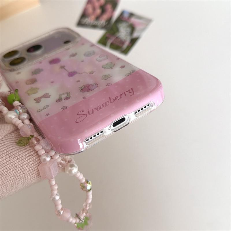 Powder Gradient Strawberry Chain Phone Case for iPhone 17/16 Pro Max/15/14 - Premium Feel