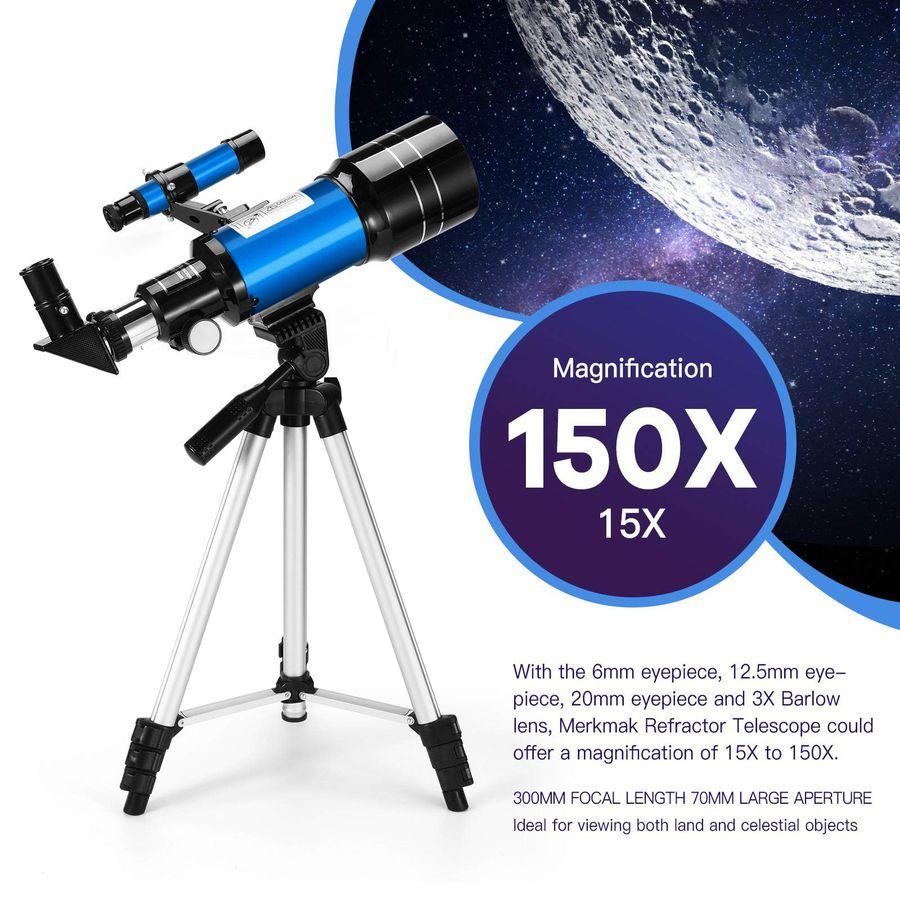 150x Astronomical Telescope 70mm Aperture Refractor Portable Travel Telescope With Phone Adapter Wireless Remote