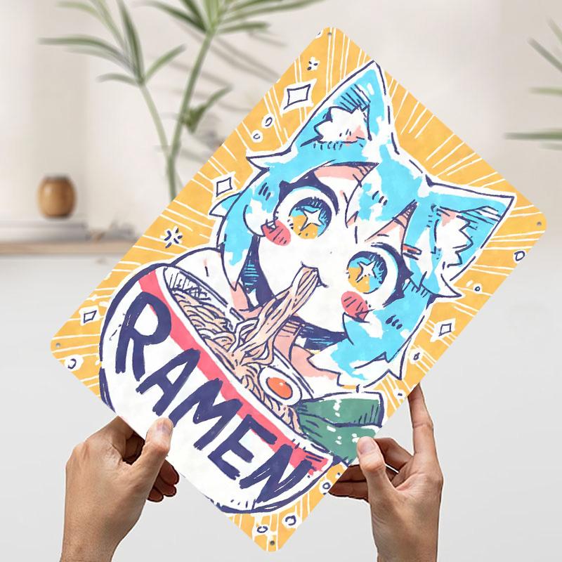 Kawaii Anime Girl Eating Ramen Metal Poster Customized Wall Art Retro Vintage Tinplate Signs for Man Cave Room Decoration Cozy