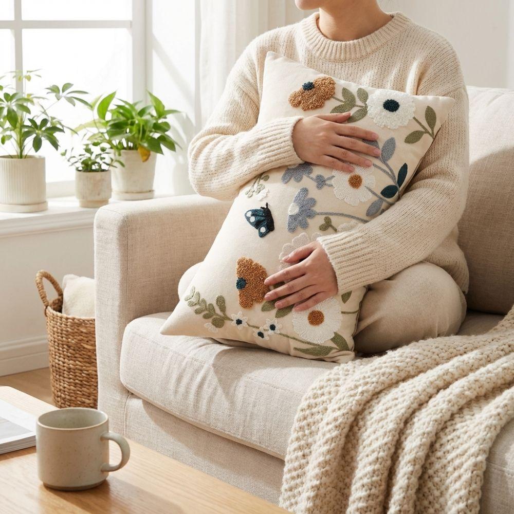 Canvas Embroidered Cushion Cover Square Decorative Pillow Case Living Room
