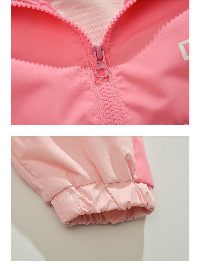 Girls' Spring and Autumn Color Block Windbreaker: Children's Fashionable Hooded Jacket