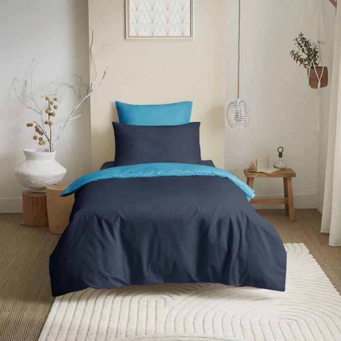 Complete Pack 4 Pieces Navy/Turquoise Reversible Duvet Cover for Bed 90 X 190 Cm