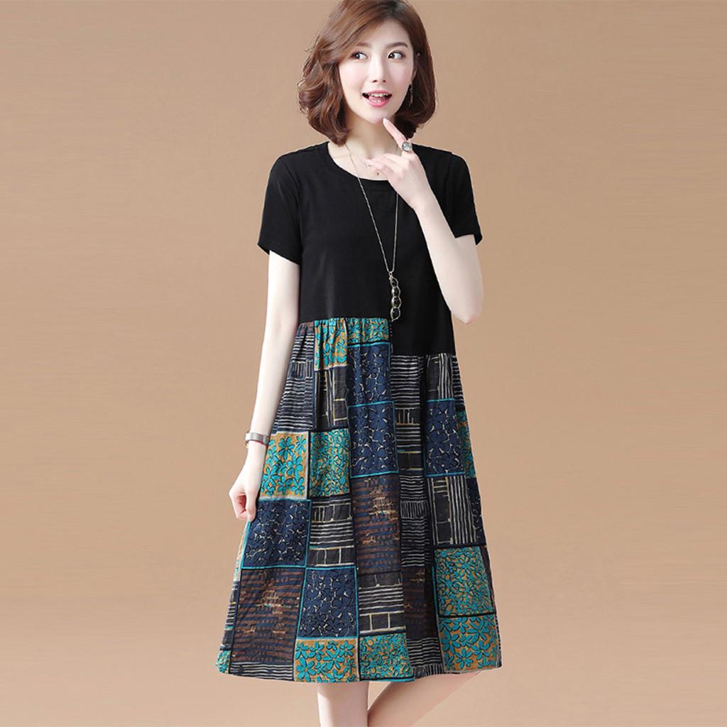 

Women Casual Short Sleeve Long Dress Printed Patchwork A-line Dress M зелёный