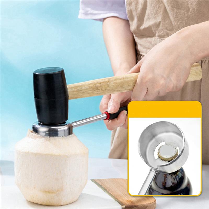Good-Coconut Opener Tool Coconut Shell Punching Knife Coconut Opener Kit Wooden Handled Rubber Hammer Stainless Steel