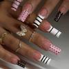 24PCS Y2k Dark Medium Square False Nails Black Lace Cross French Polka Dot Press on Nails 3D Metallic Silver Bow Heart Nail Tips