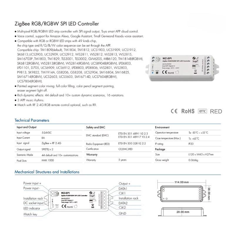 AEE4-5V-24V Tuya Zigbee Wifi APP SPI LED Controller WZ-SPI Control 1000Pixel Led For WS2811 2812B SK6812 RGB/RGBW Strip Lamp