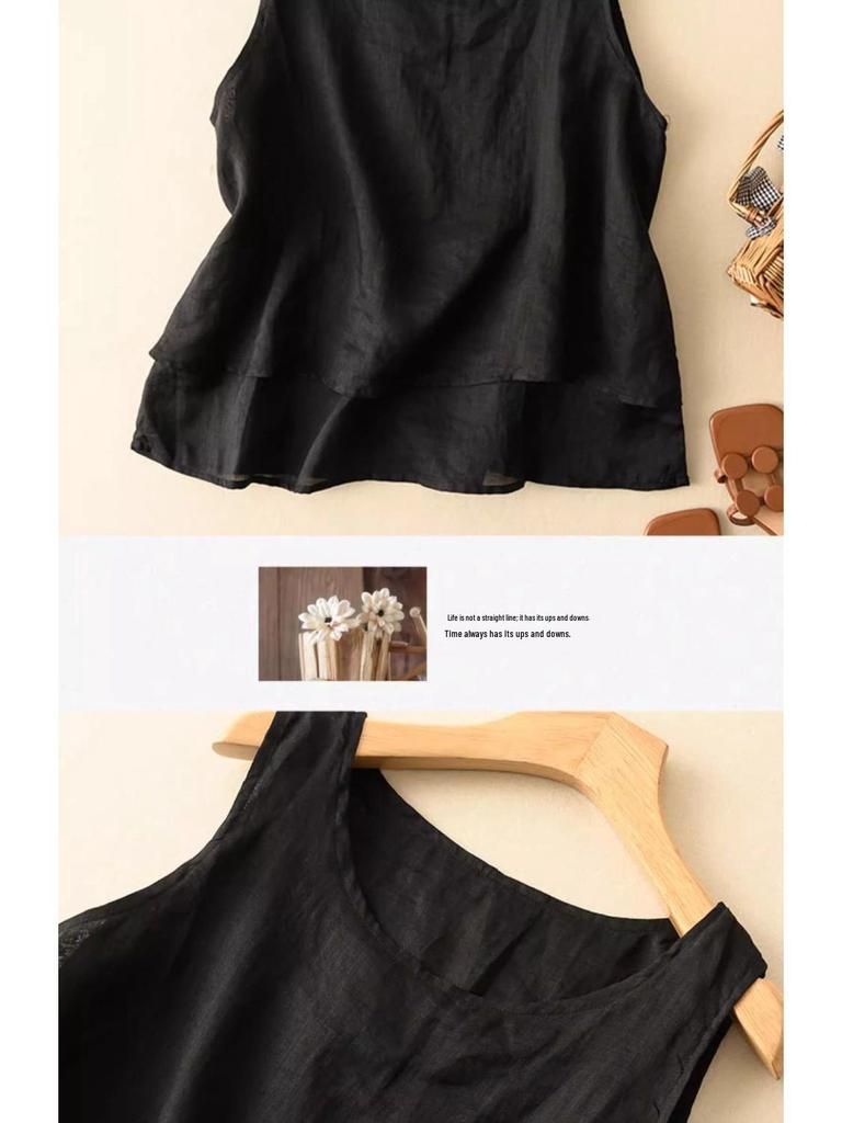 Dámská bavlněná lněná tílko nadměrné velikosti - Volný střih Retro minimalistický design