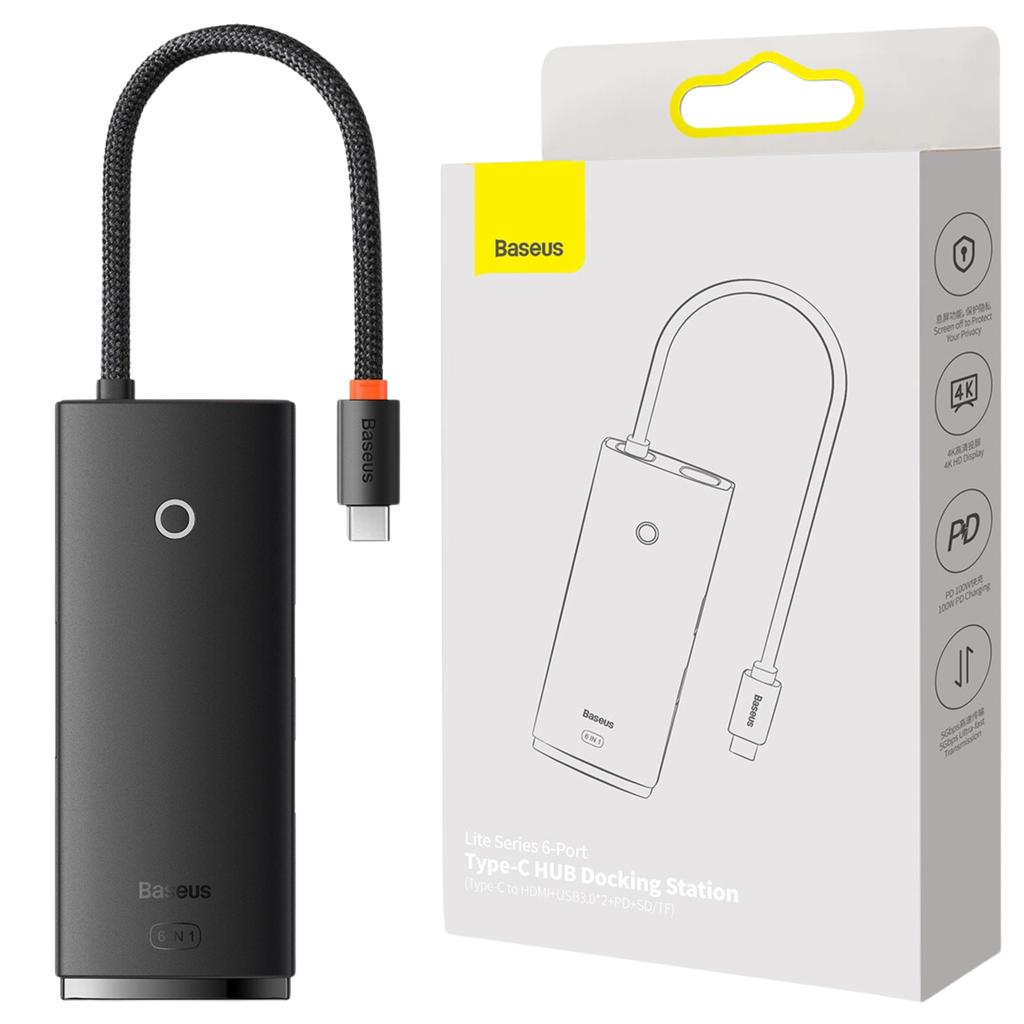 Hub 6W1 Baseus Lite Series Usb-C Do 2X Usb 3.0 + Usb-C Pd + Hdmi + Sd/Tf (Czarny)