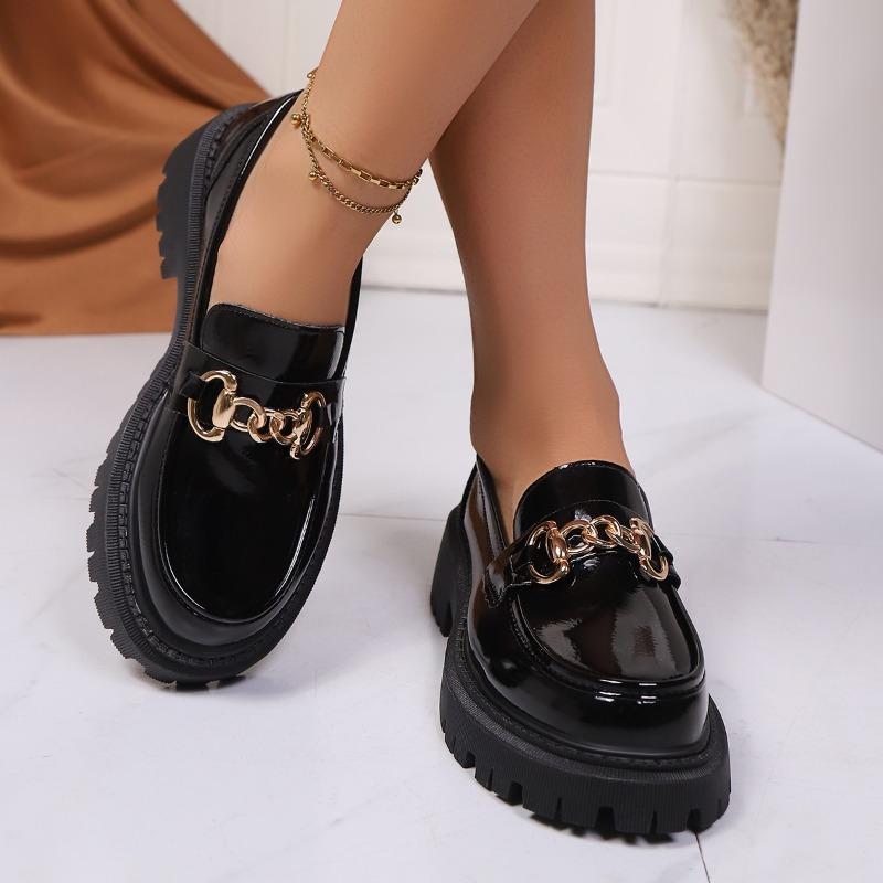 Patent Leather Block Heel Single Shoes Autumn New Round Toe Deep Mouth Metal Chain Platform Anti-Slip Wear-Resistant Loafers