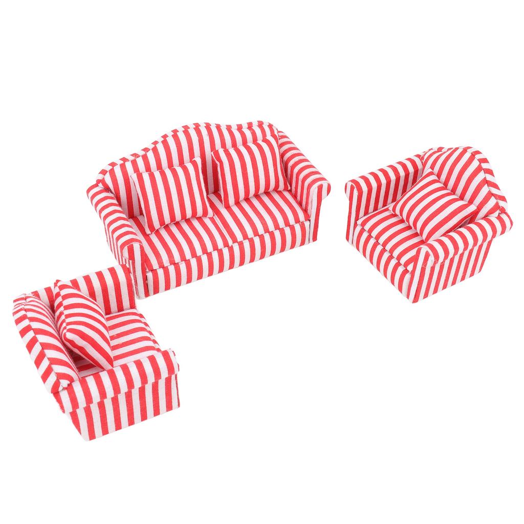 3Pcs   Sofa Set Pine Cloth Double Sofa 2 Single Sofa Light Color Strip  ature Sofa for 1:12 Doll House
