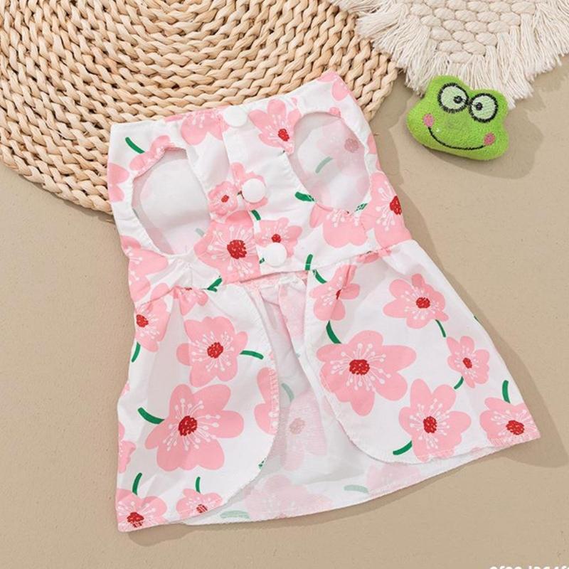 Spring Summer Pet Flower Print Skirt with Bowknot Decors Outdoor Walking Dogs Rabbit Universal Dress Lightweight
