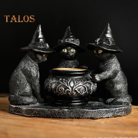 Black Cat Candle Holder Resin Halloween Cats with Witch Hats Candle Holder Vintage Candle Holder Tabletop Decoration Gift for Cat Lovers