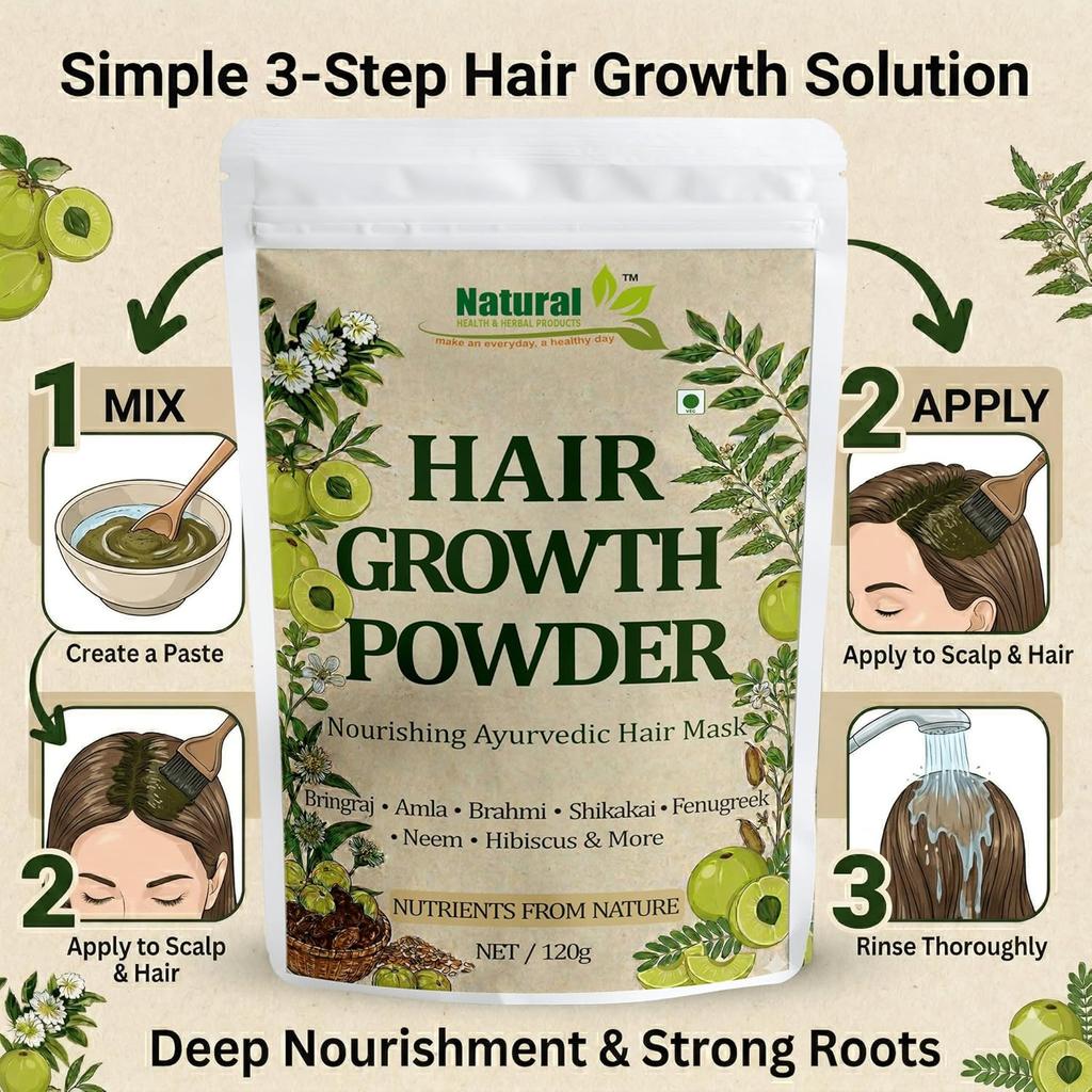 Ayurvedic Hair Growth Powder with Bhringraj, Amla and Neem to Control Hair Loss for Men and Women for All Hair Types 120g