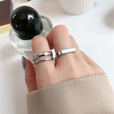 Korean Version Irregular Double-layer Geometric Square Glossy Open Ring Sterling Silver Simple Personalized Ring