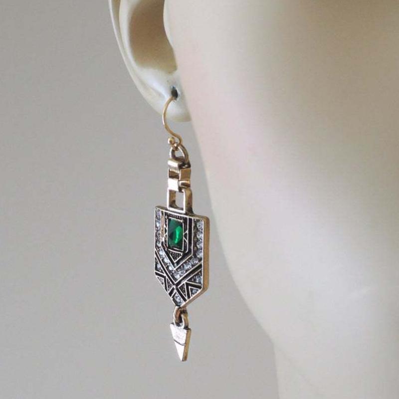 Vintage Rhinestone Ear Drops Green Glass Crystal Earrings Ancient Gold Color Earwear Stylish Accessories for Women Girls