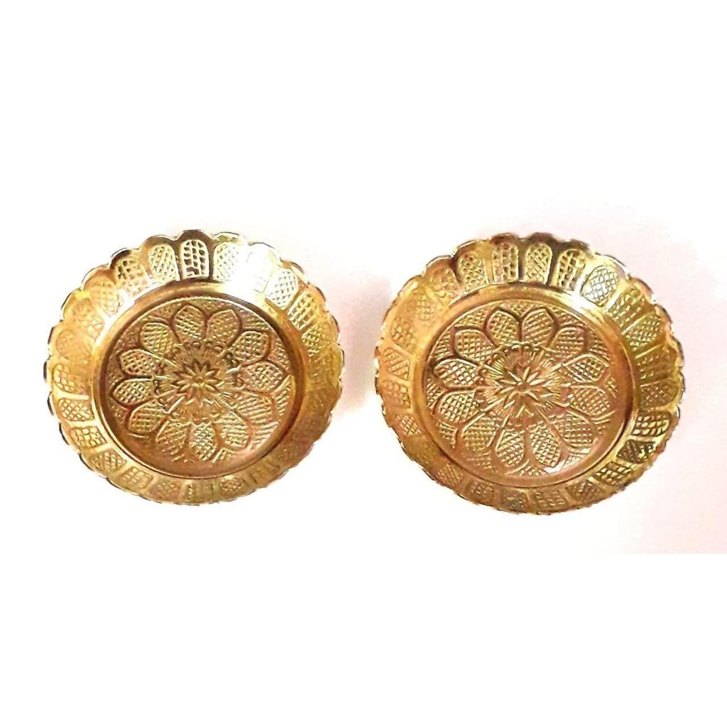 Small Pure Brass Plate for Puja / Diwali / Bhog Thali with Beautiful Flower Embossed Design (Golden) Set of 2pcs