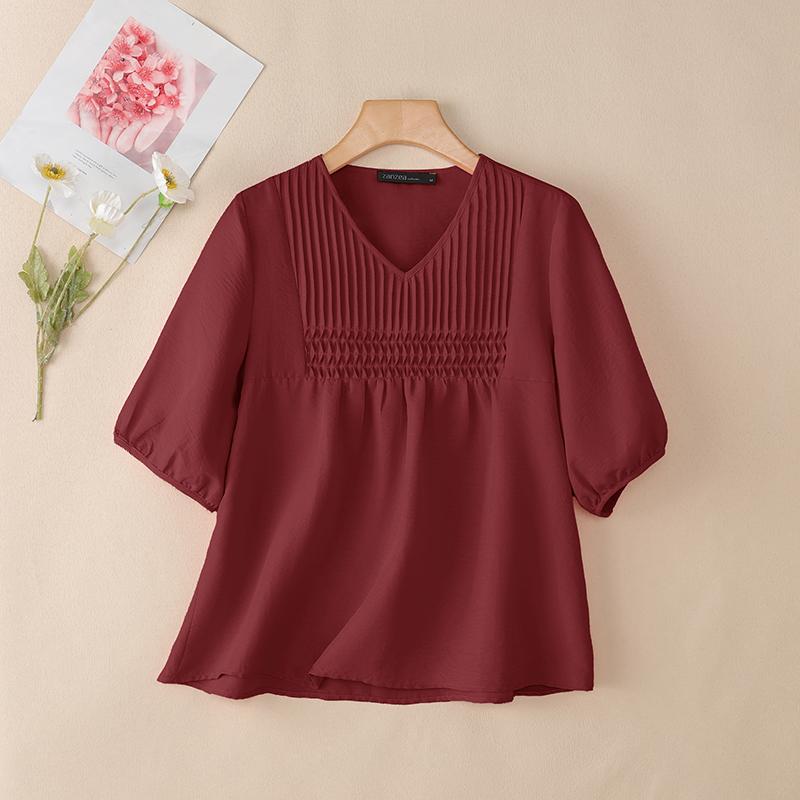 

ZANZEA Женская повседневная блузка с V-образным вырезом, летняя, с коротким рукавом, однотонная 5XL вино красного