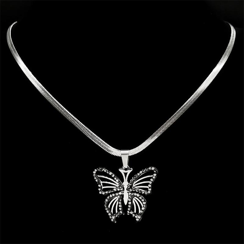 Fashion Butterfly Flower Necklace Women/Men Black Rhinestone Stainless Steel Silver Color Y2K Clavicle Chain Jewelry 6482-QKC