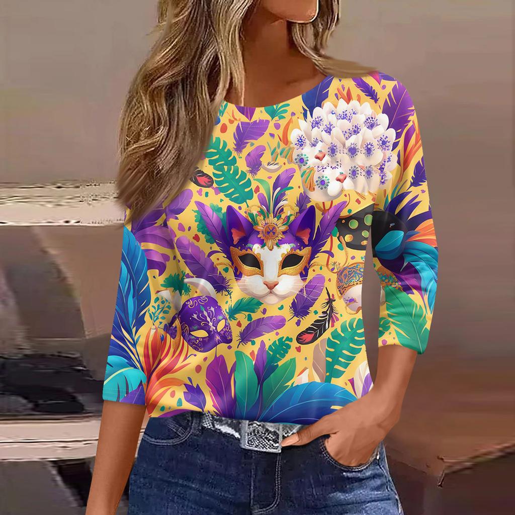 3/4 Length Sleeve Womens Tops Floral Print Vintage Fashion Casual Loose With Round Neck Plus Size Shirts