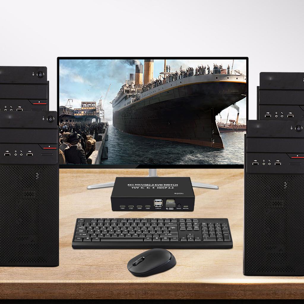 4x1 HD USB2.0 KVM 4K 60Hz Multimedia for Sharing Display Keyboard Mouse Print 4 USB Type C Ports and 4 Cables