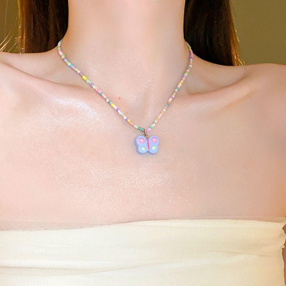 

Pink Korean Neck Jewelry Acrylic Butterfly Pendant Sweet Beads Necklace Hipster