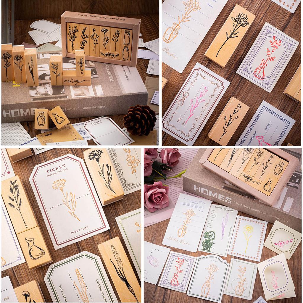 8 Pieces Vintage Decorative Wooden Rubber Stamp Plant Wooden Rubber Stamps for Scrapbooking Dairy Gift Wrap Card Making