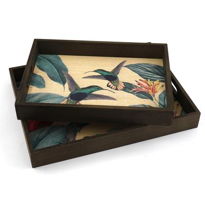 [R8294] - 2 Nesting Wooden Trays 'Hummingbirds & Pheasant' - 40x30x5 Cm and 35x25x5 Cm