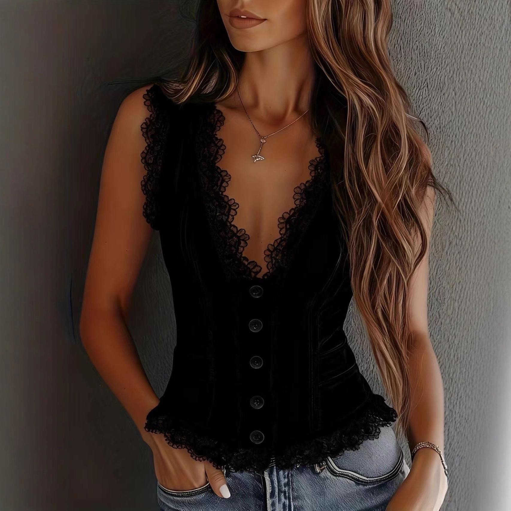 

2025 Suede Velour V-neck Tank Top - European & American Style for Women S чорний