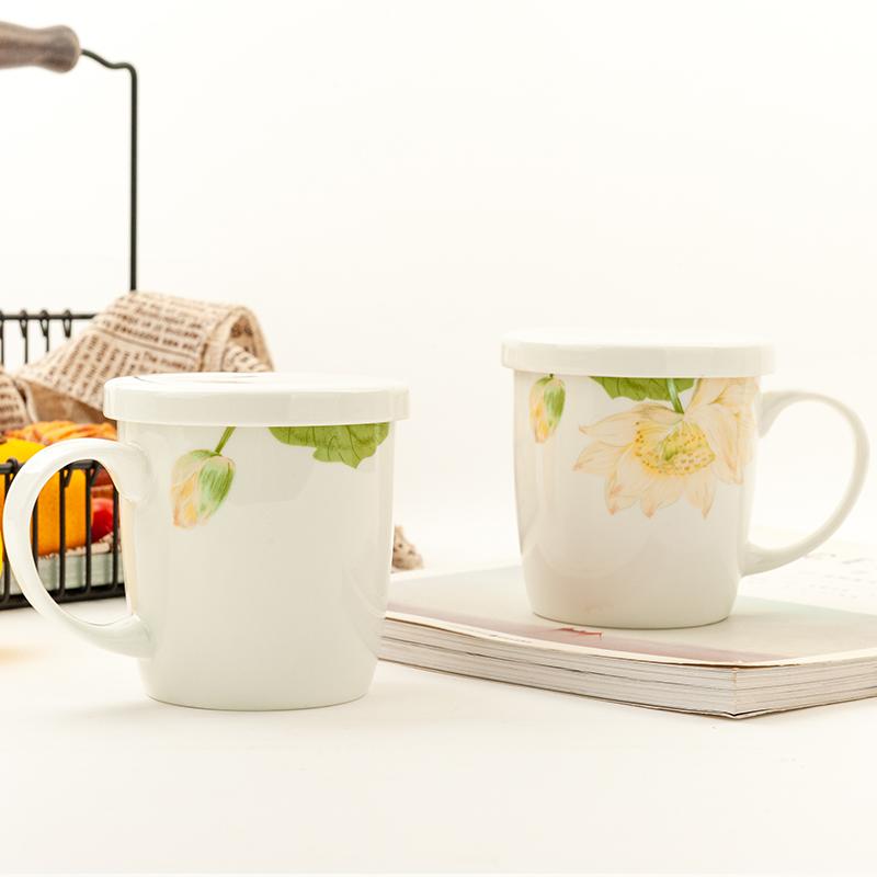 White Bone China Coffee Cup New Household 310ml Flower Pattern Overglaze Color Mugs with Lid High Aesthetic Milk Oats Cup