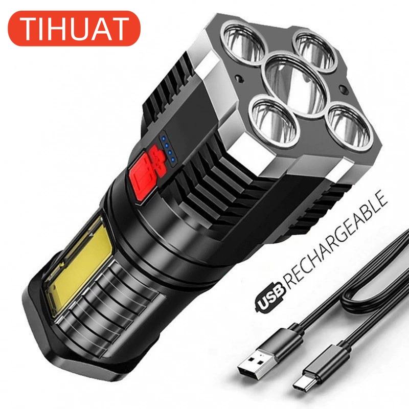 5 LED Super Bright Flashlight Rechargeable Outdoor Multifunctional Waterproof LED Long Range Spotlight Battery Display COB Light