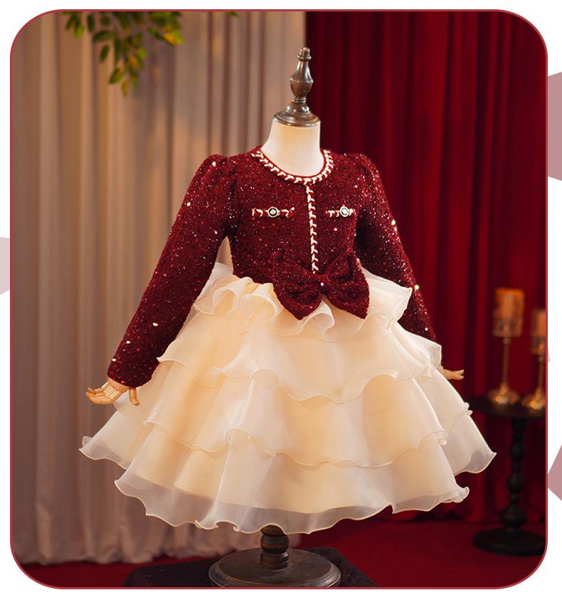 Girls' Wine Red Sequin Skirt with Bow & Tulle - Autumn/Winter Formal Christmas Dress
