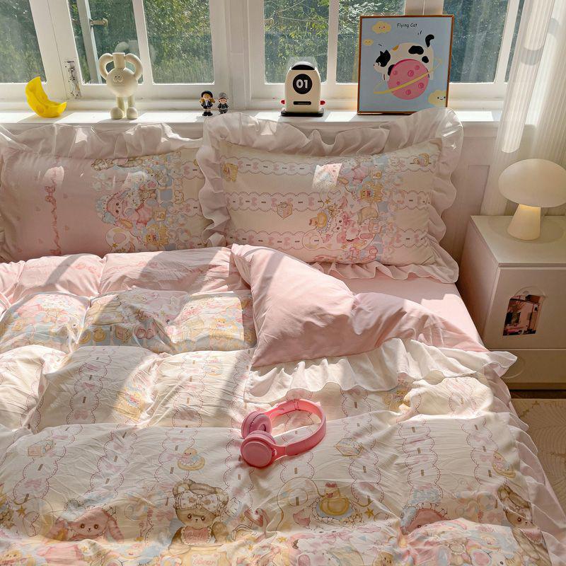 G5Z Princess Mingsha Lolita Lace Washed Cotton Bedding Set - Duvet Cover, Bed Sheet, Cute Girl Dormitory Style (4-Piece)