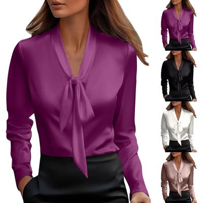 Damen Einfarbig Modisch Und Elegant Satin Langarm Bluse Top