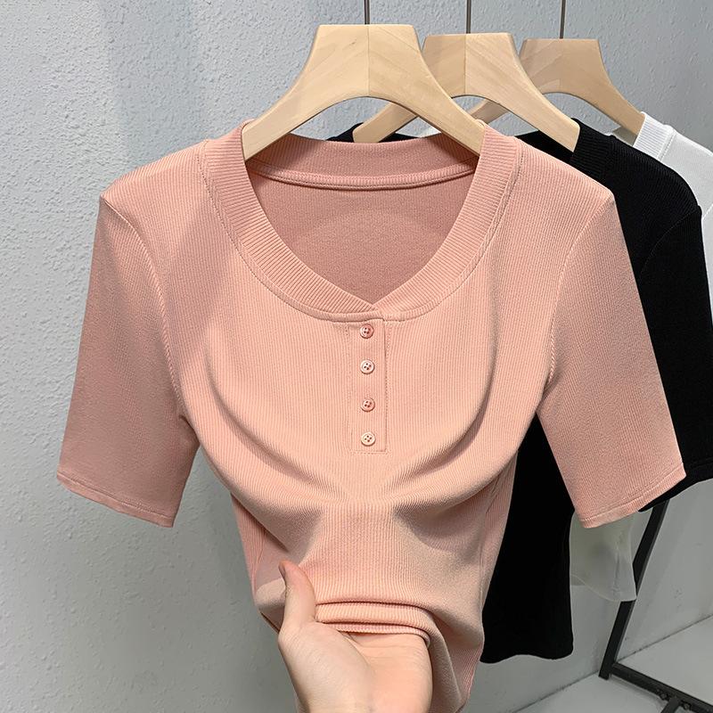 

Футболка с рукавами средней длины для женщин, новая женская футболка с V-образным вырезом и короткими рукавами, облегающий топ с широкими краями 3XL розовый